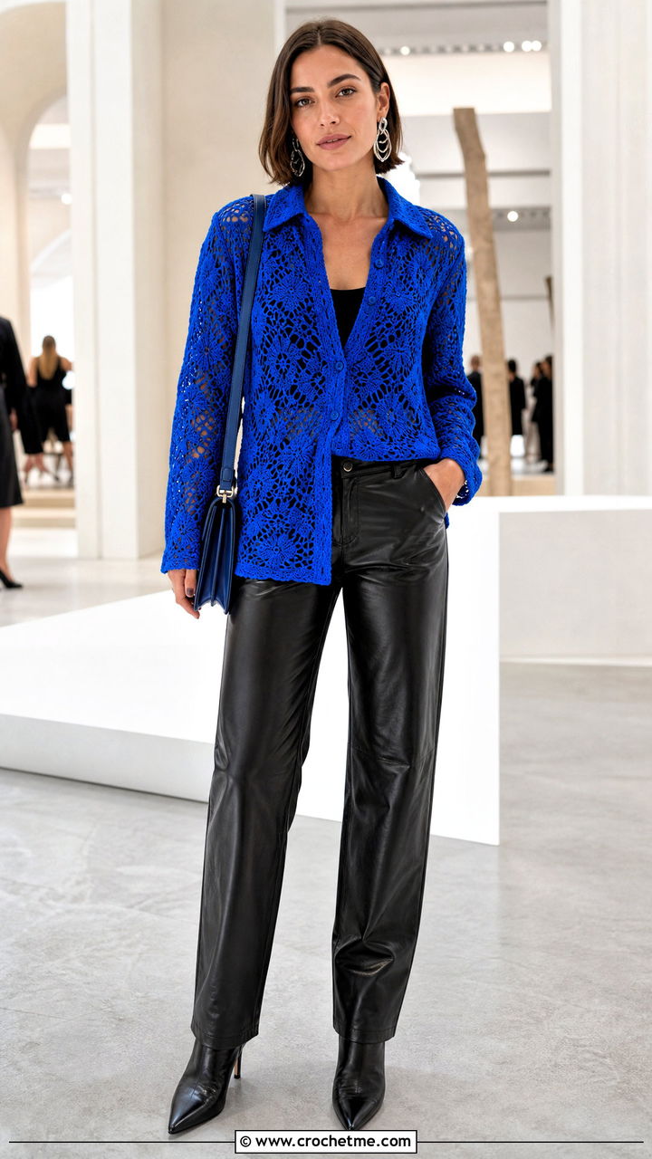 Crochet Shirt Top With Leather Trousers - 35 crochet tops for women outfit ideas