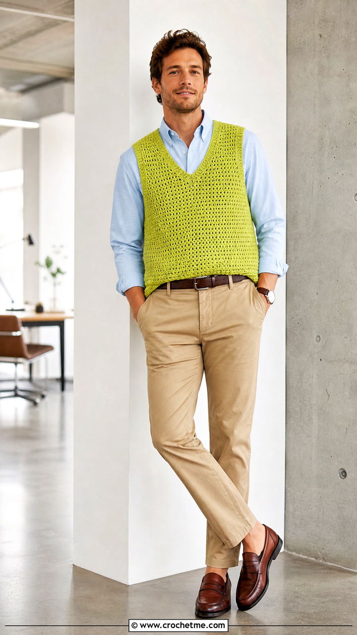 Crochet Shirt Vest With Oxford Shirt And Chinos - 35 crochet shirts for men outfit ideas