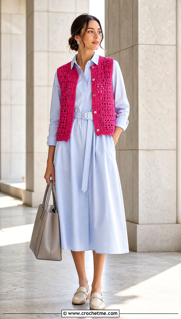 Crochet Shirt Vest With Poplin Dress - 35 crochet shirt women outfit ideas