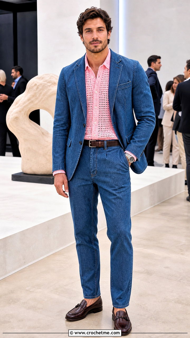Crochet Shirt With A Denim Suit - 35 crochet men shirt outfit ideas