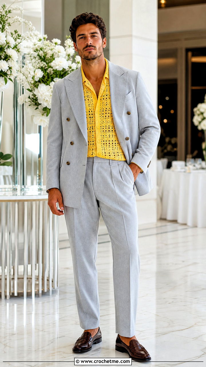 Crochet Shirt With A Relaxed Double Breasted Suit - 35 crochet shirt men outfit ideas