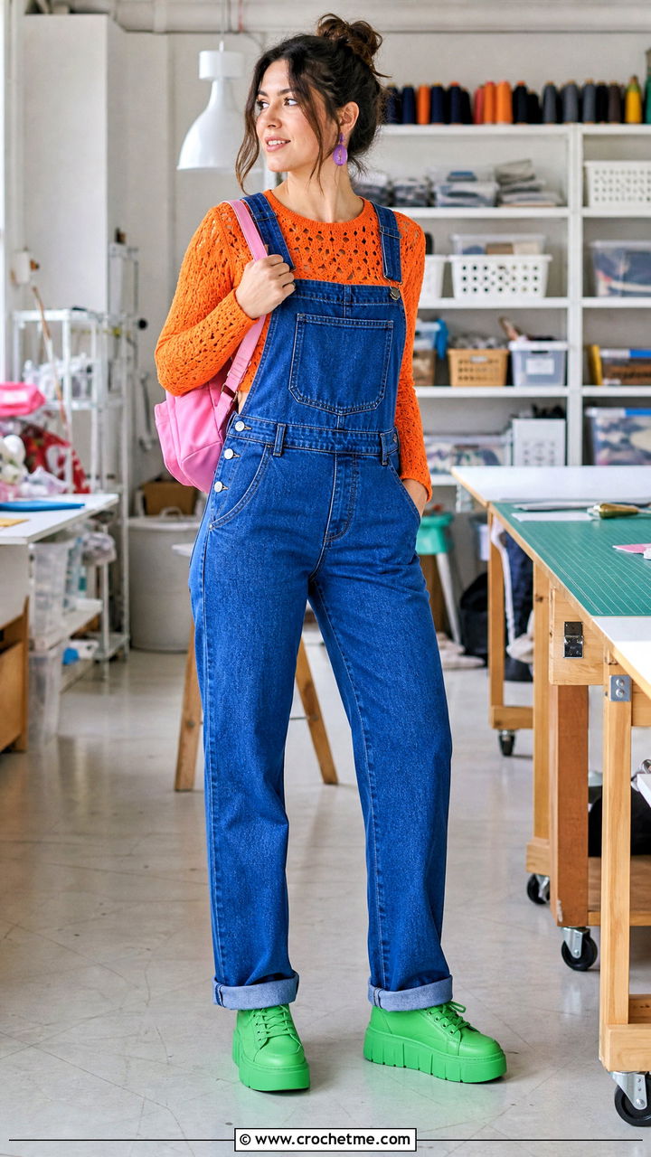Crochet Shirt With Denim Overalls - 35 crochet shirt outfit ideas