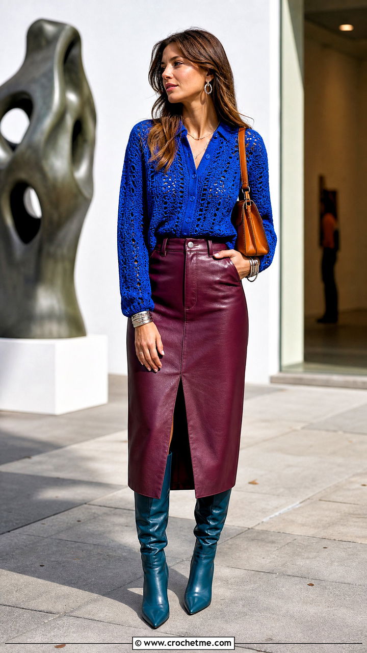 Crochet Shirt With Leather Midi Skirt - 35 crochet shirt outfit ideas