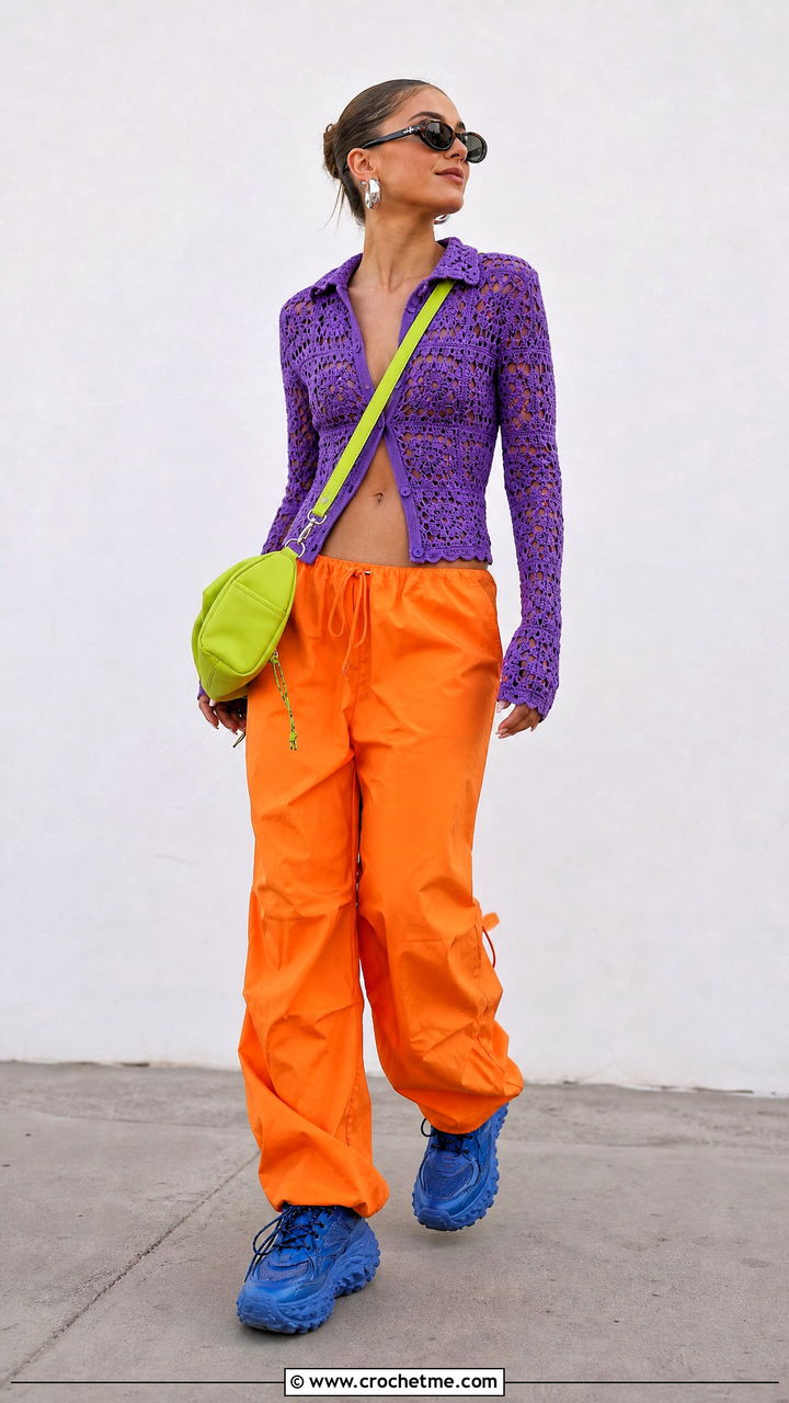 Crochet Shirt With Parachute Pants - 35 crochet shirt outfit ideas