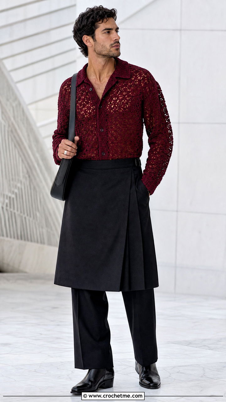 Crochet Shirt With Pleated Kilt Trousers - 35 crochet men shirt outfit ideas