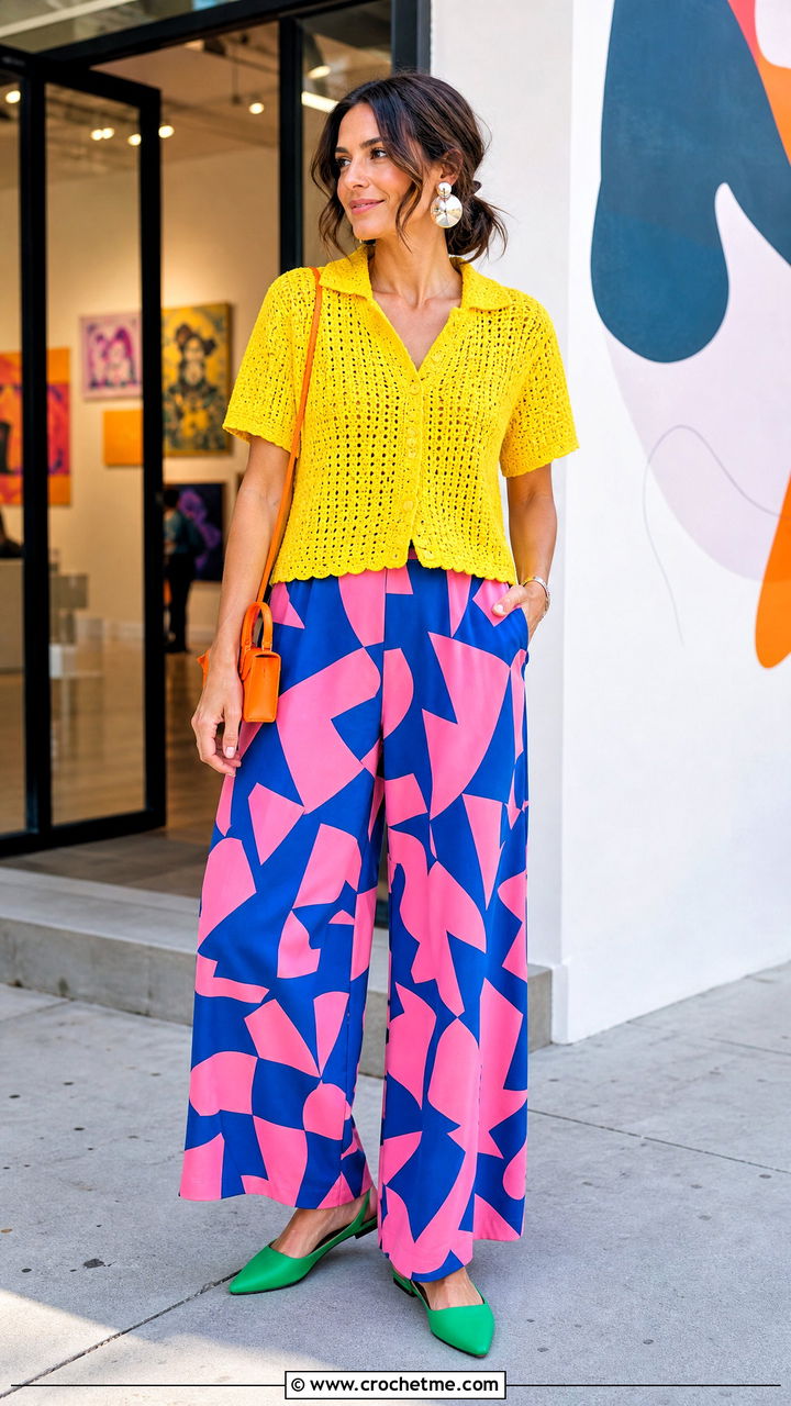 Crochet Shirt With Printed Pants - 35 crochet shirt outfit ideas