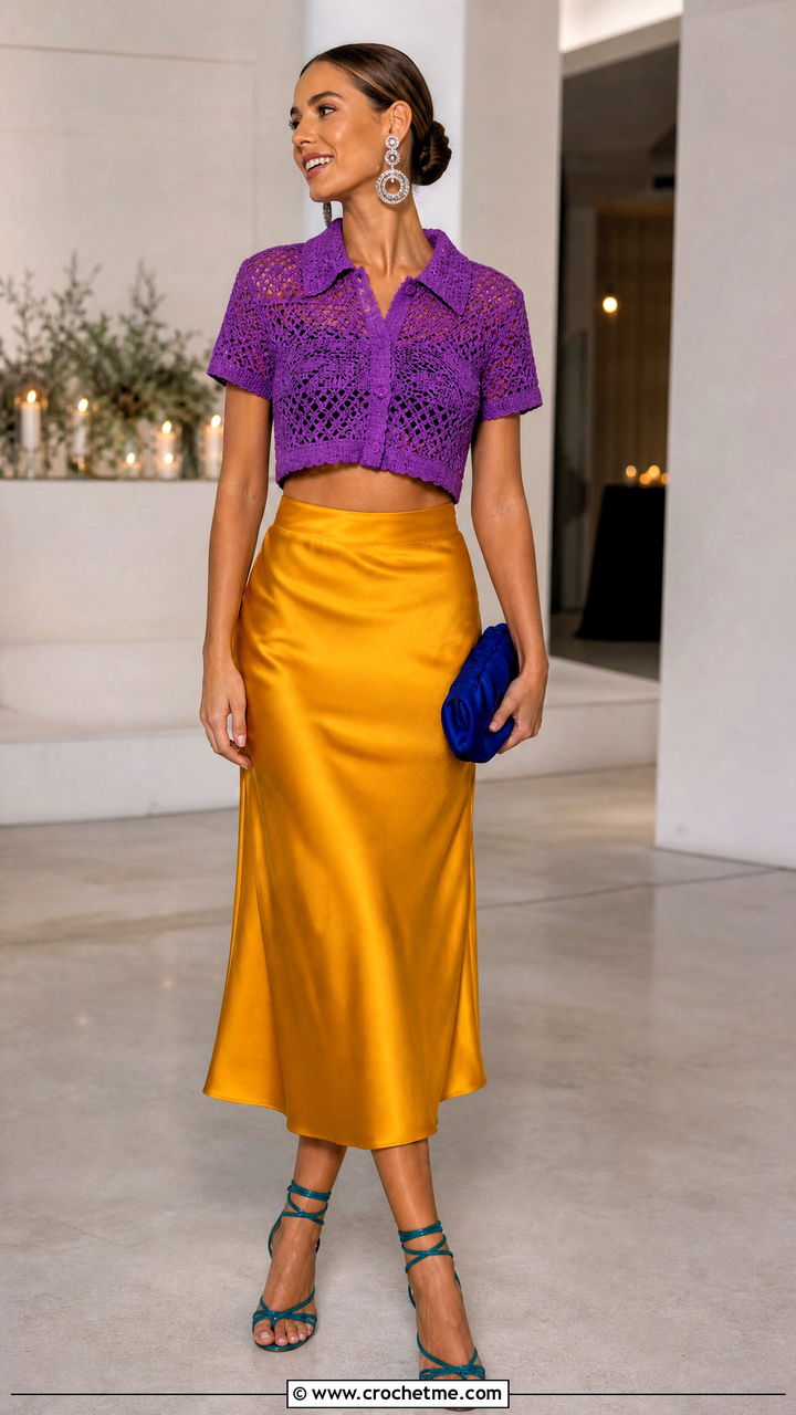 Crochet Shirt With Satin Midi Skirt - 35 crochet shirt outfit ideas