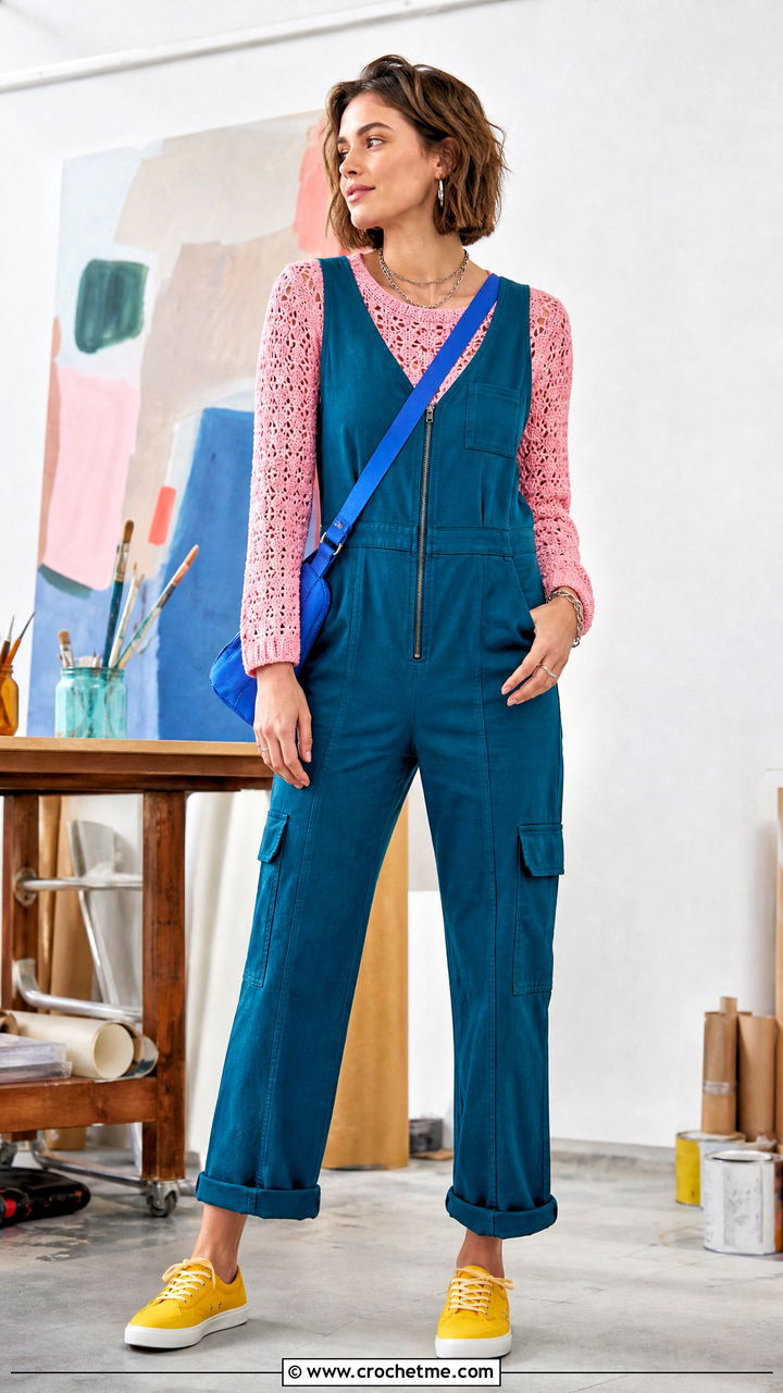 Crochet Shirt With Utility Jumpsuit - 35 crochet shirt outfit ideas