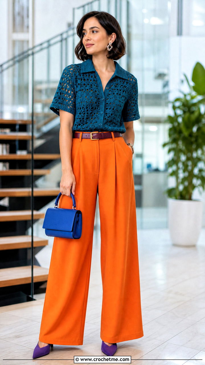 Crochet Shirt With Wide Leg Trousers - 35 crochet shirt outfit ideas