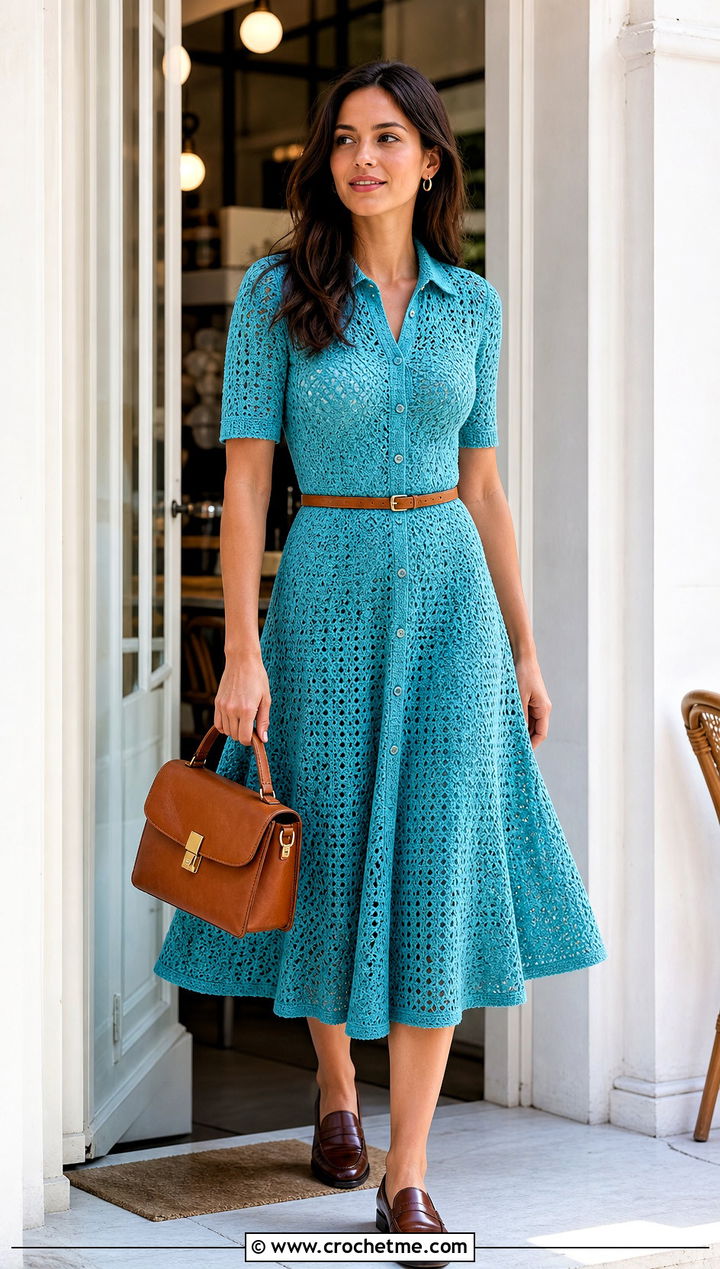 Crochet Shirtwaist Dress With Loafers - 25 crochet 60s dress outfit ideas