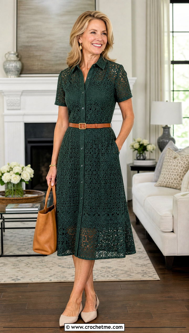 Crochet Shirtwaist Dress With Structured Tote - 35 crochet shirt dress outfit ideas