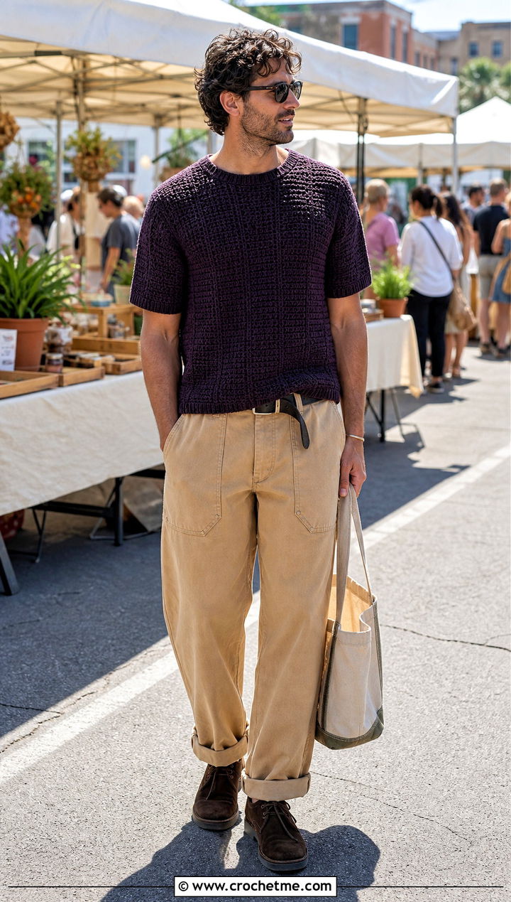 Crochet Short Sleeve Sweater With Workwear Pants - 35 crochet mens clothes and outfit ideas