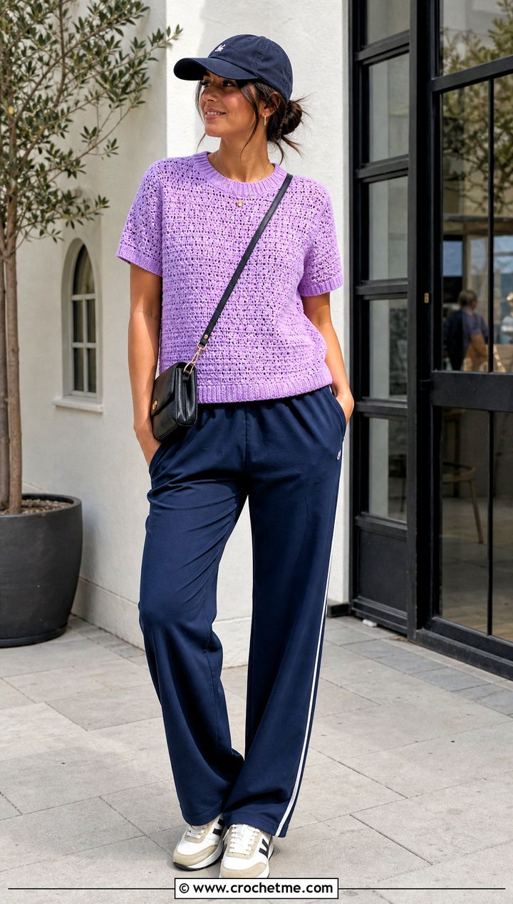 Crochet Short Sleeve Tee With Track Pants - 25 Crochet Spring Top outfit ideas