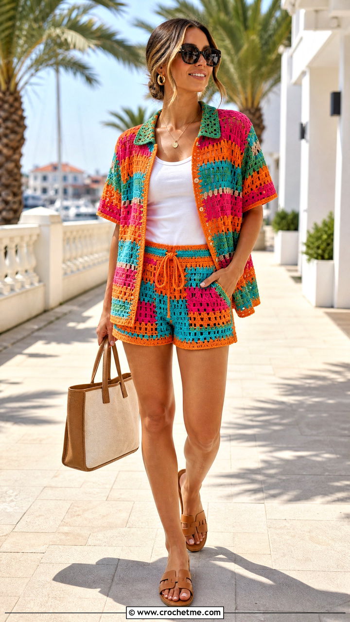 Crochet Shorts Set With Minimal Sandals - 35 cute crochet outfits ideas