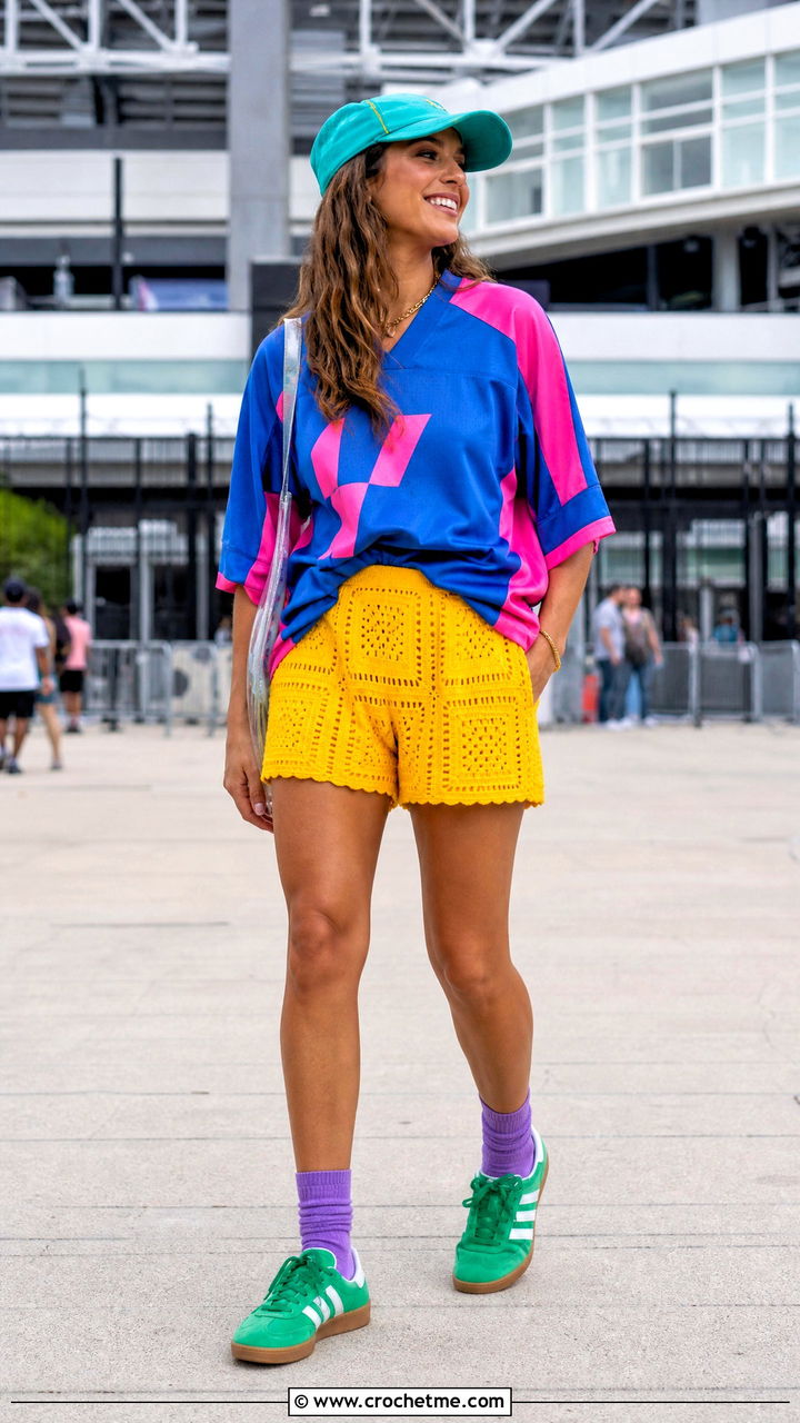 Crochet Shorts With A Sports Jersey And Retro Sneakers - 35 crochet shorts outfit ideas