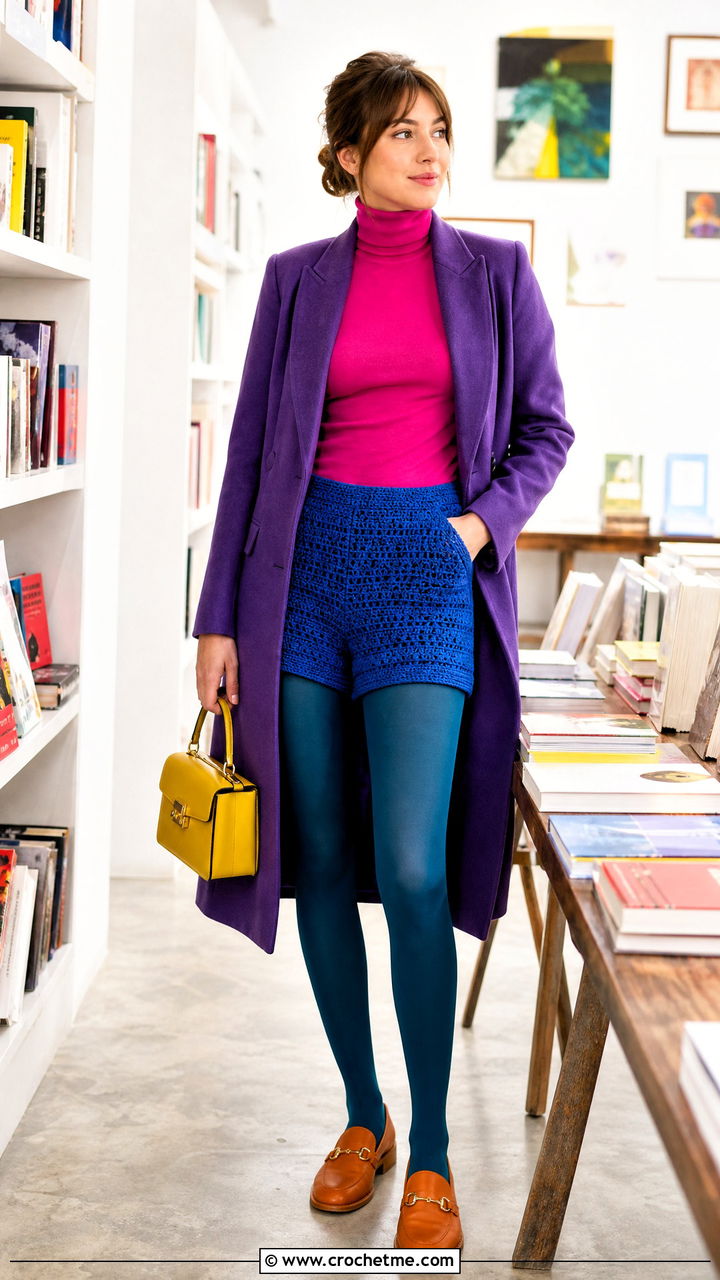 Crochet Shorts With A Turtleneck And Loafers - 35 crochet shorts outfit ideas