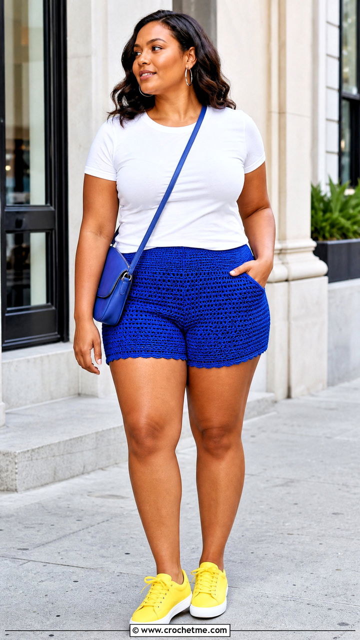 Crochet Shorts With A White T Shirt And Sneakers - 35 crochet shorts outfit ideas