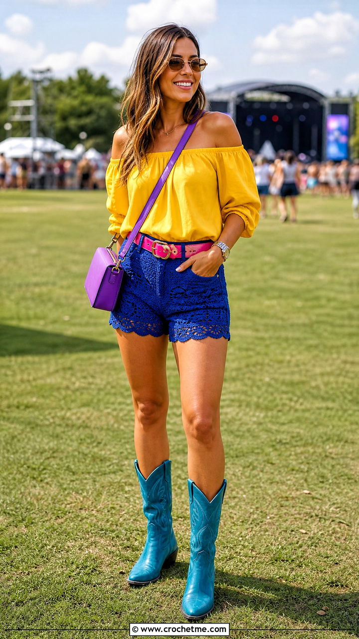 Crochet Shorts With An Off Shoulder Top And Western Boots - 35 crochet shorts outfit ideas