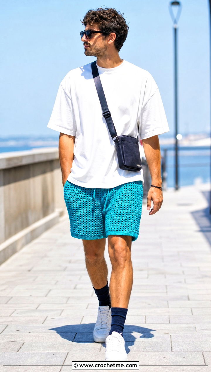 Crochet Shorts With Boxy T Shirt - 30 Mens Crochet Outfit ideas