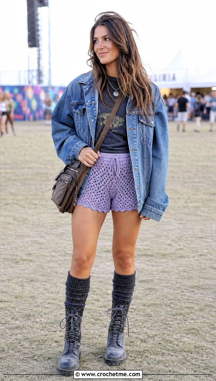 Crochet Shorts With Oversized Denim Jacket - 35 Crochet Grunge Clothes and outfit ideas