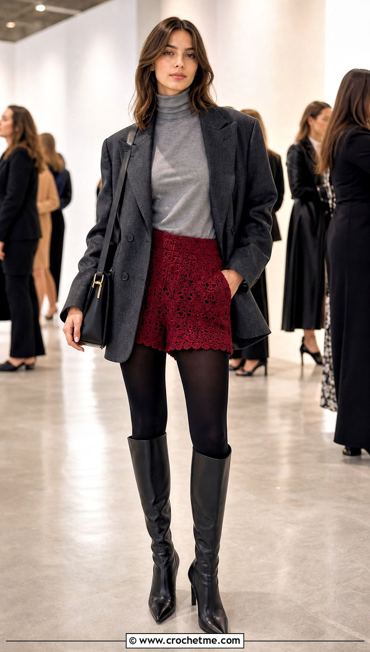 Crochet Shorts With Tights And Oversized Blazer - 30 Fall Crochet Clothes Ideas