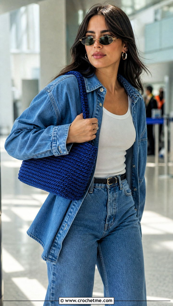 Crochet Shoulder Bag With Matching Denim Set - 25 K Pop Crochet Clothes and outfit ideas