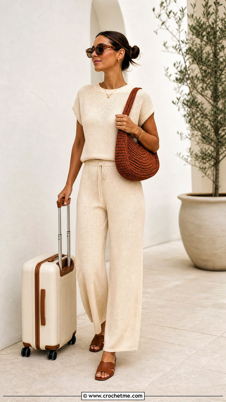 Crochet Shoulder Bag With Matching Knit Set - 35 crochet bag outfit ideas