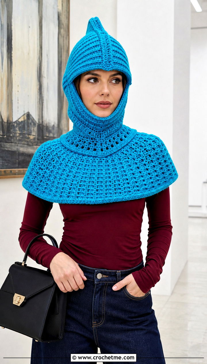 Crochet Shoulder Cowl Knight Helmet With Wide Leg Jeans - 15 Knight Crochet Hat outfit ideas