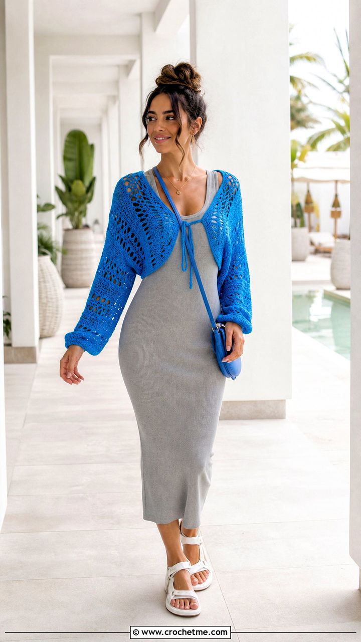 Crochet Shrug Boho Cardigan With Tank Dress - 35 crochet boho cardigan outfit ideas