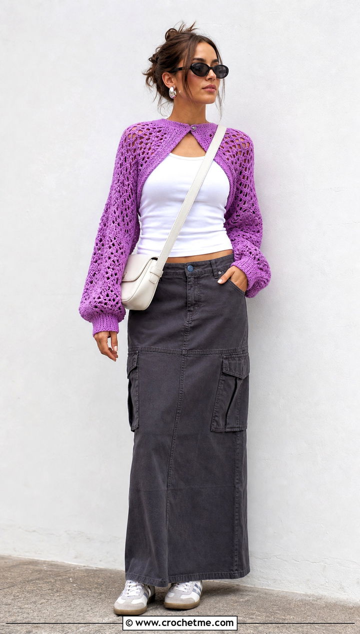 Crochet Shrug Cardigan With Cargo Maxi Skirt - 20 bohemian crochet cardigan outfit ideas