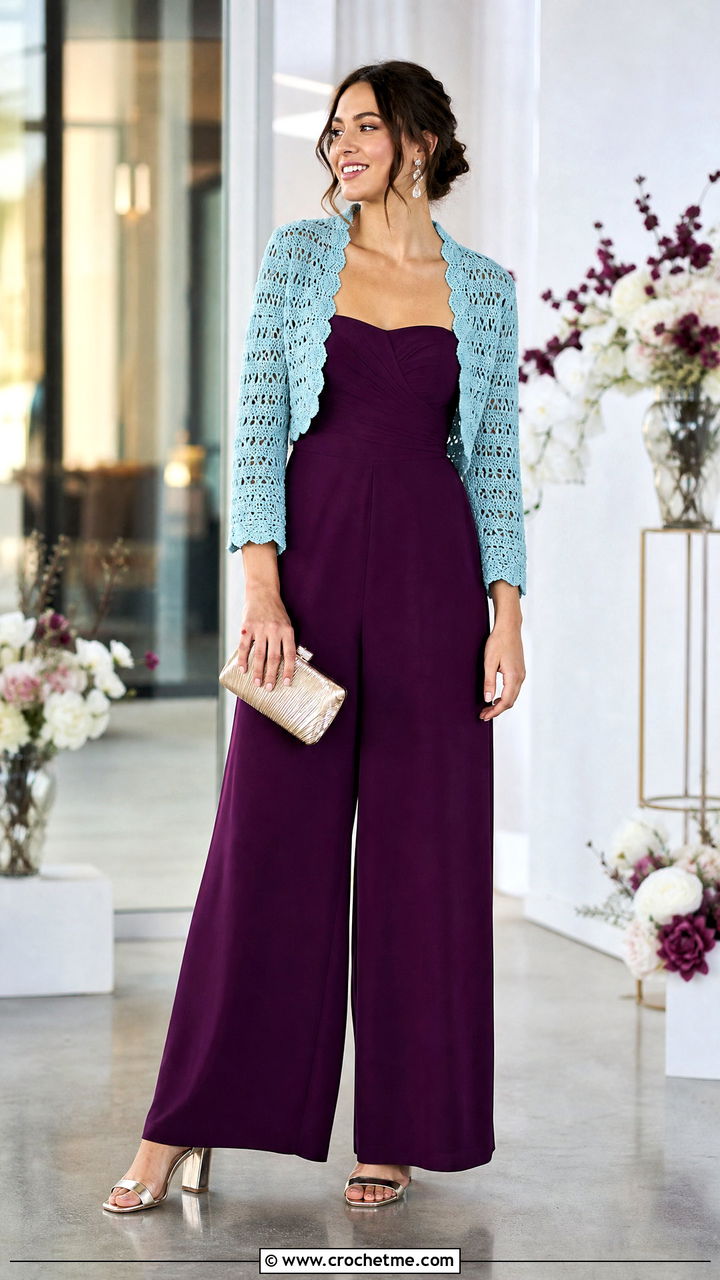 Crochet Shrug Cardigan With Strapless Jumpsuit - 35 crochet cardigan for women outfit ideas