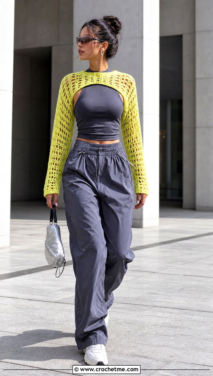 Crochet Shrug Cardigan With Tank Top And Parachute Pants - 35 cropped crochet cardigan outfit ideas