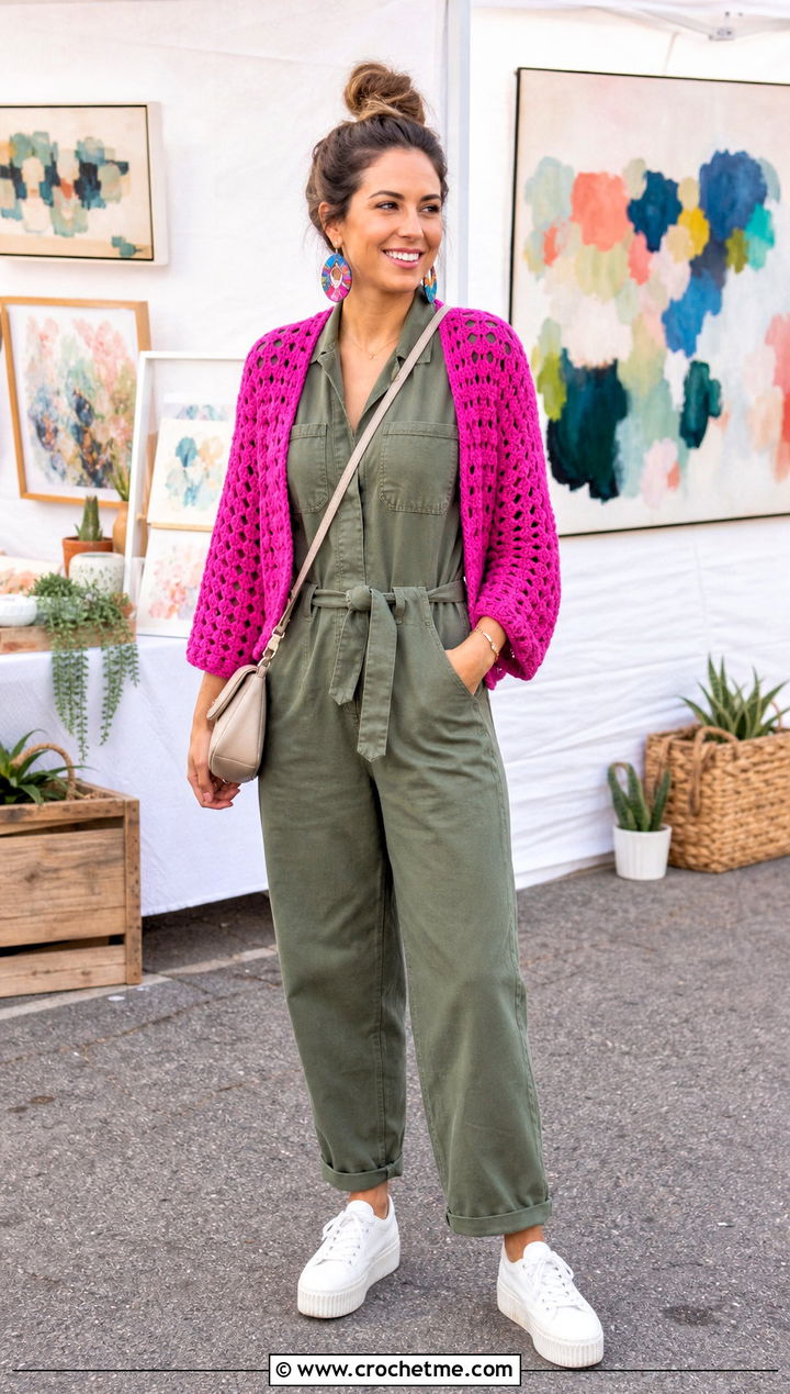Crochet Shrug Cardigan With Utility Jumpsuit - 25 kawaii crochet cardigan outfit ideas