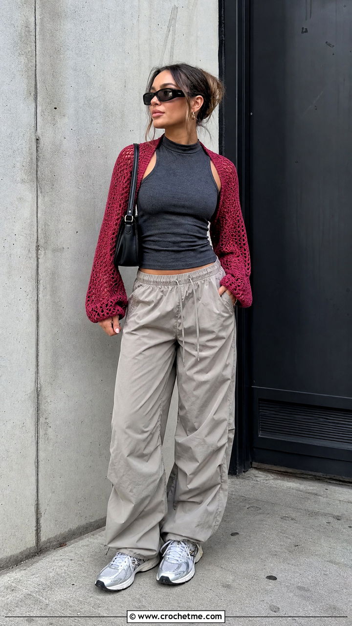 Crochet Shrug Sweater With Tank And Parachute Pants - 35 crochet sweater design for women outfit ideas