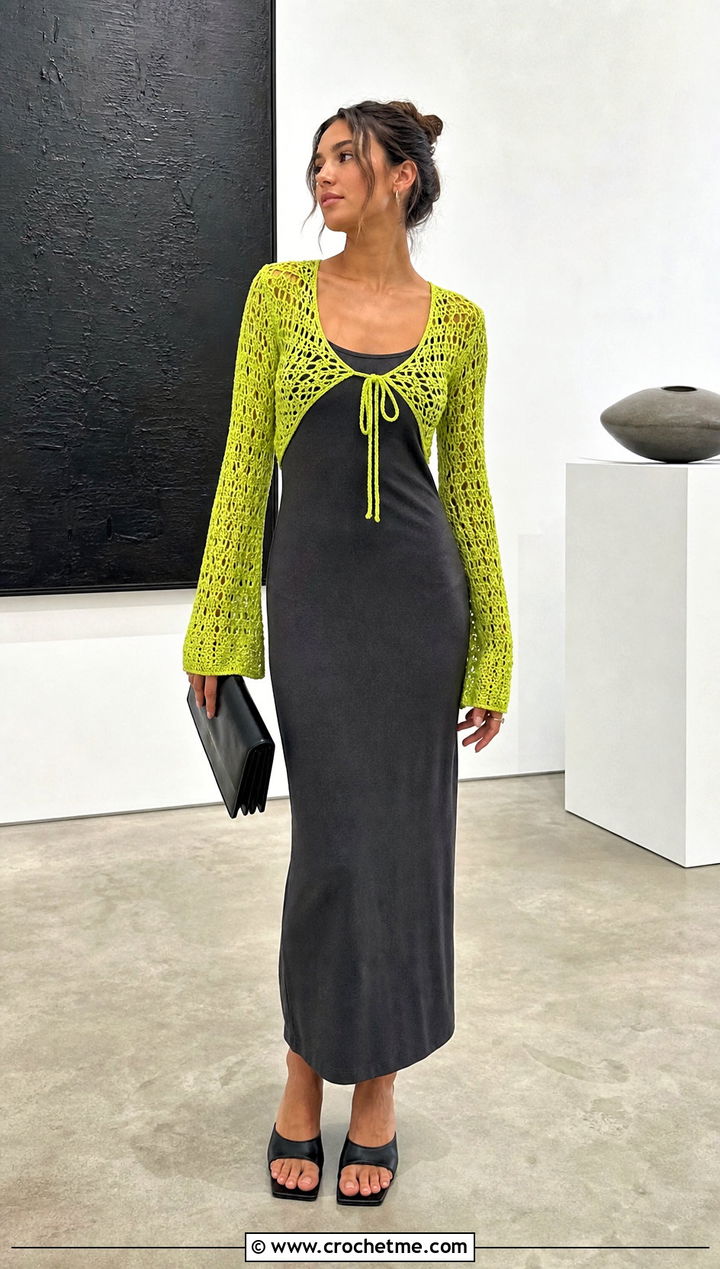 Crochet Shrug Top With A Column Dress - 20 jaded london crochet top outfit ideas