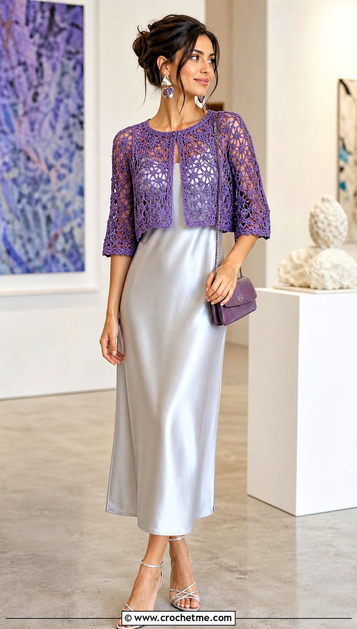 Crochet Shrug Top With Slip Dress - 35 Cute Summer Crochet Tops outfit ideas