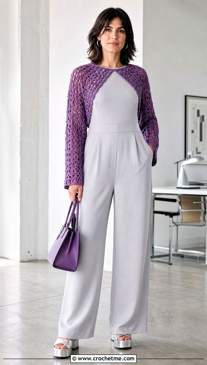Crochet Shrug Top With a Sleeveless Jumpsuit - 25 aesthetic long sleeve crochet tops outfit ideas