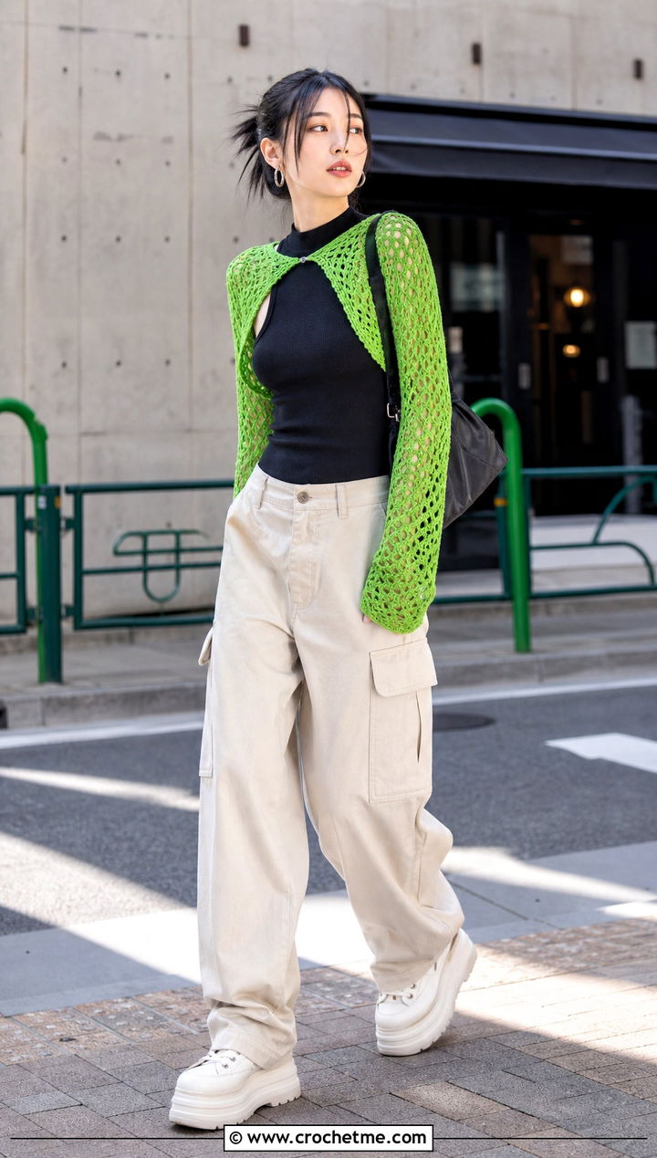 Crochet Shrug With Cargo Pants - 30 korean crochet outfits ideas