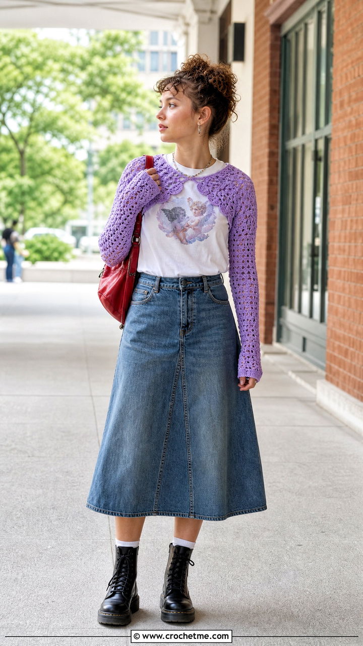 Crochet Shrug With Graphic T Shirt And Denim Skirt - 35 easy crochet clothes and outfit ideas