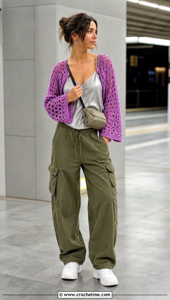 Crochet Shrug With Satin Camisole And Cargo Pants - 30 vintage crochet clothes and outfit ideas