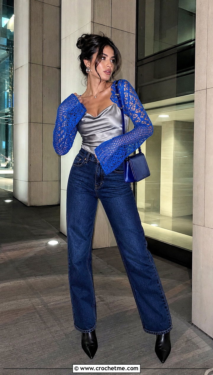Crochet Shrug With Satin Camisole And Jeans - 25 crochet womens clothes and outfit ideas