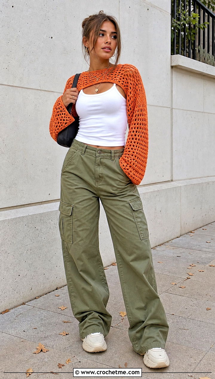 Crochet Shrug With Tank Top And Cargo Pants - 30 crochet fall outfits ideas