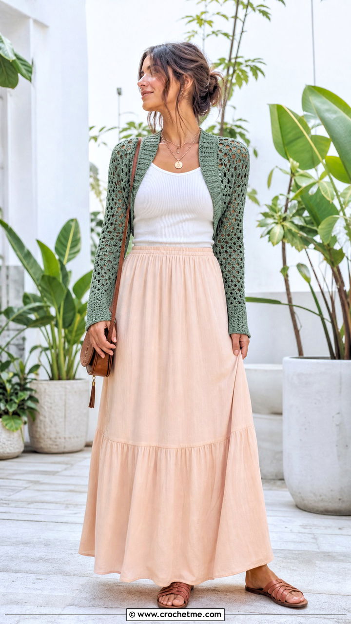 Crochet Shrug With Tank Top And Maxi Skirt - 35 crochet clothing and outfit ideas