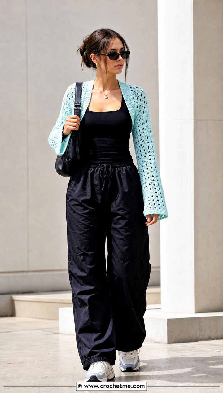 Crochet Shrug With Tank Top And Parachute Pants - 15 goth crochet clothing and outfit ideas