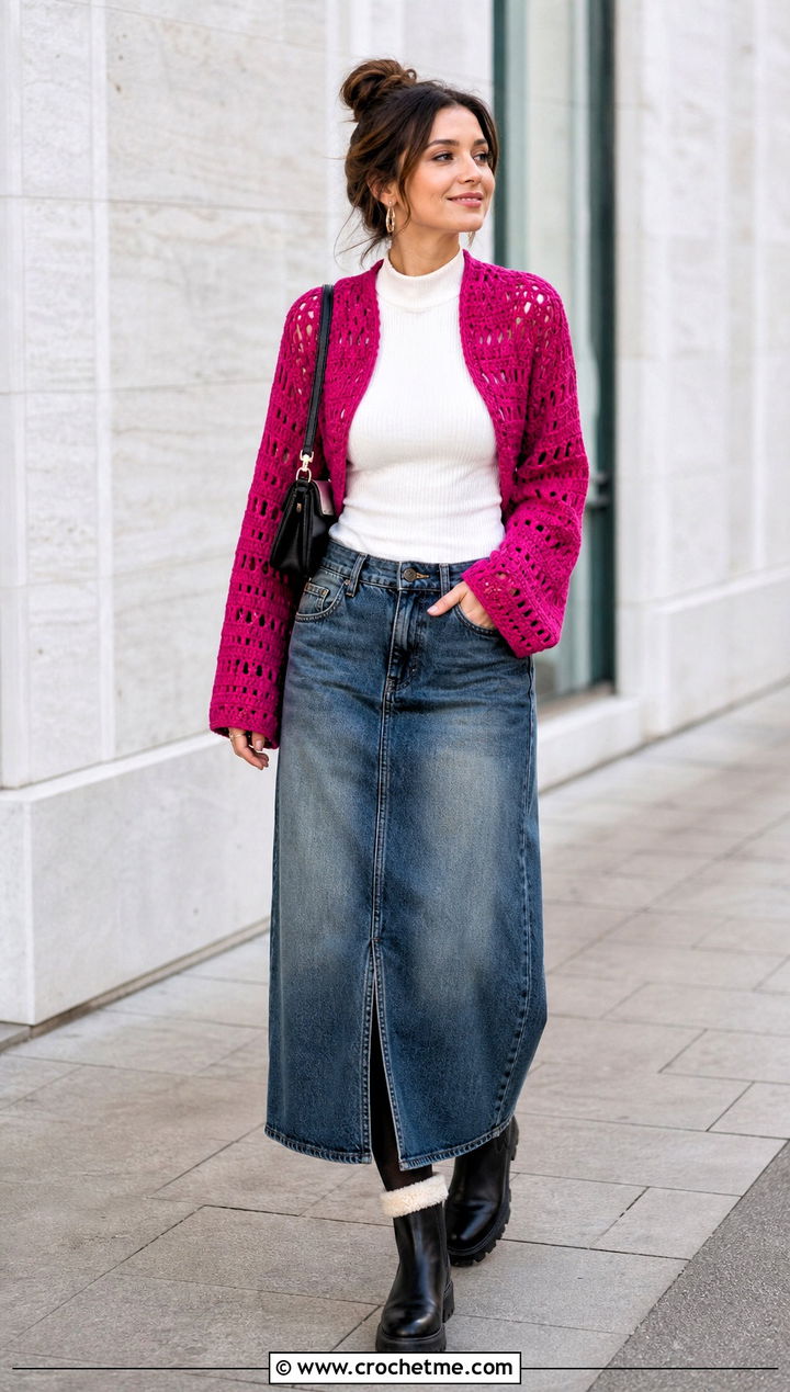 Crochet Shrug With a Denim Maxi Skirt - 35 Crochet Winter Outfits ideas