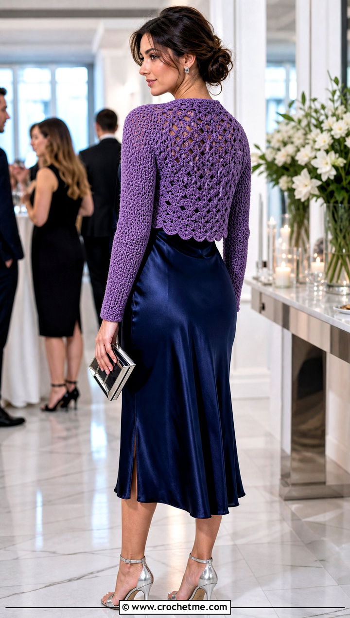 Crochet Shrug Wrap With A Satin Slip Dress - 15 Beginner Crochet Wrap outfit ideas