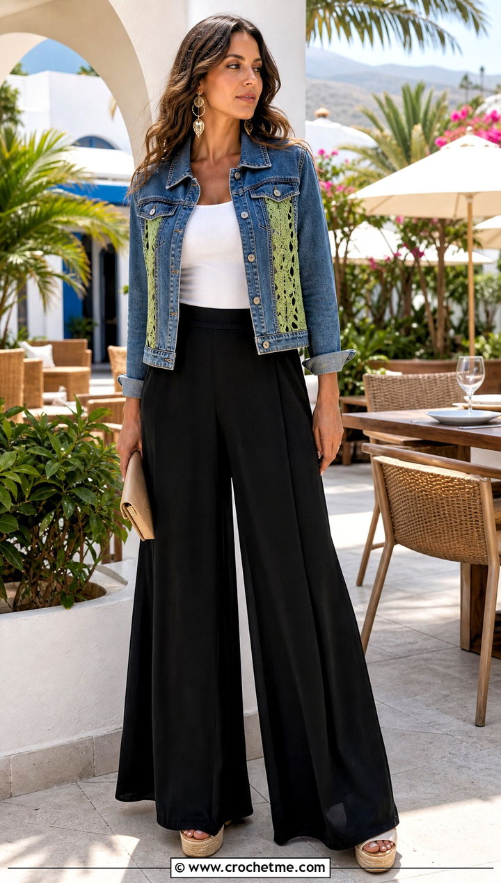 Crochet Side Panel Denim Jacket With Palazzo Pants - 30 crochet denim jacket outfit ideas