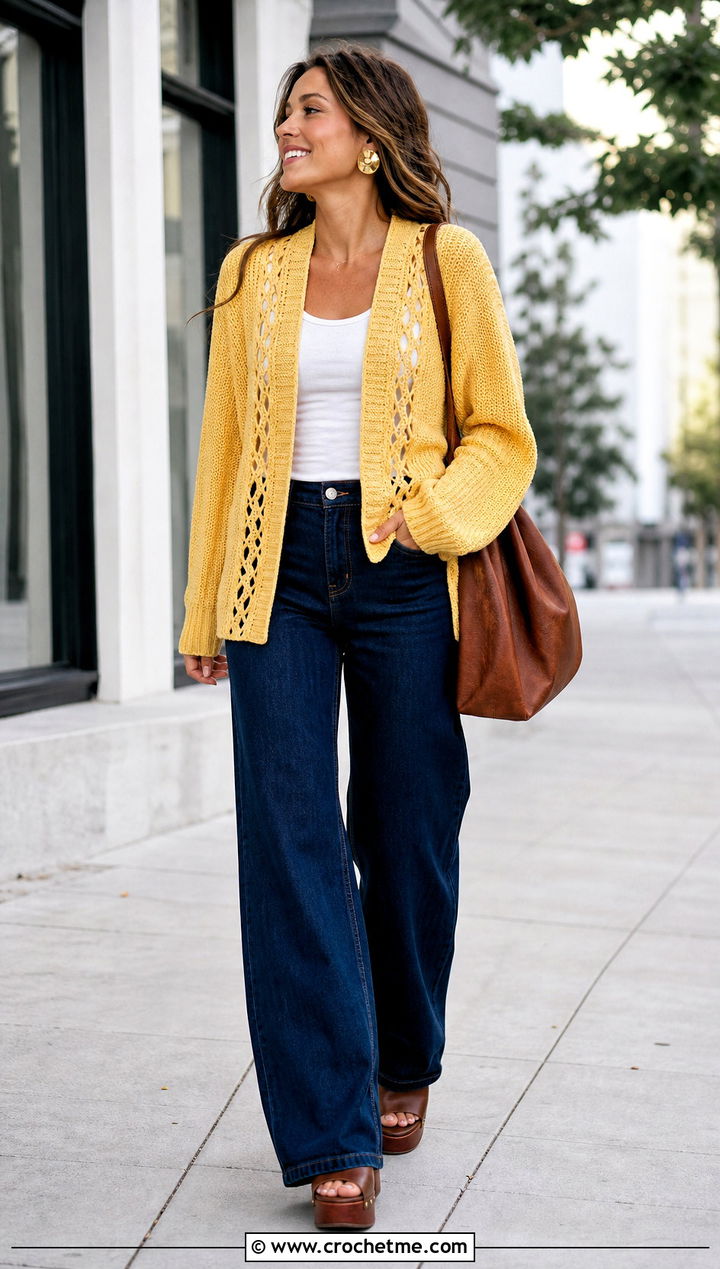 Crochet Side Panel Sweater With Wide Leg Jeans - 30 crochet panel sweater outfit ideas