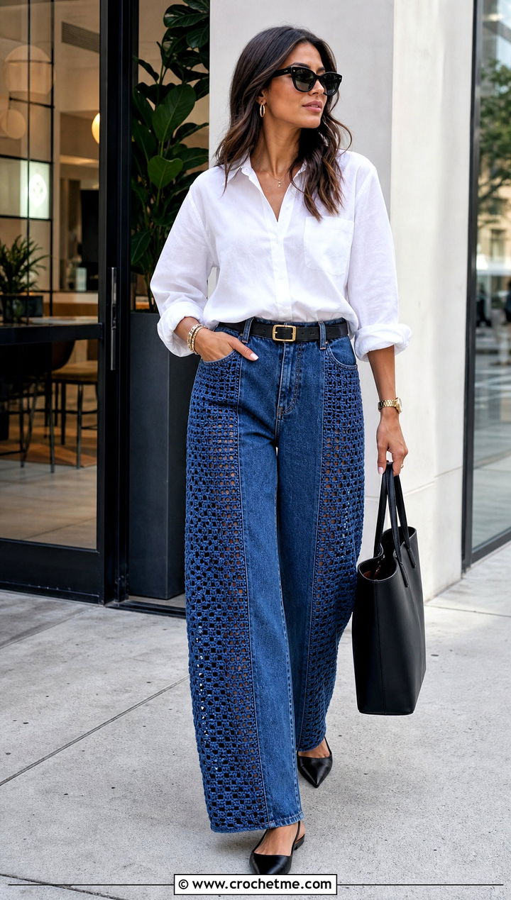 Crochet Side Panel Wide Leg Jeans With White Shirt - 30 crochet denim pants outfit ideas