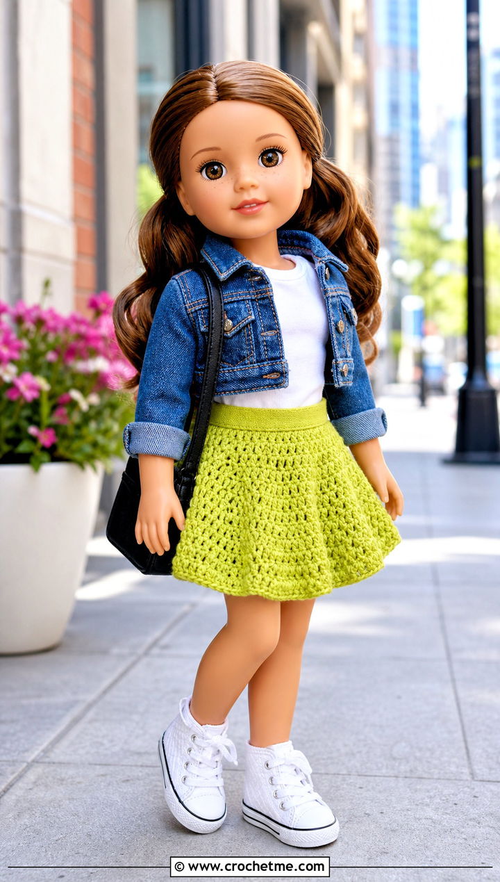 Crochet Skater Skirt With Denim Jacket - 15 Crochet Wellie Wishers Doll Clothes and outfit ideas